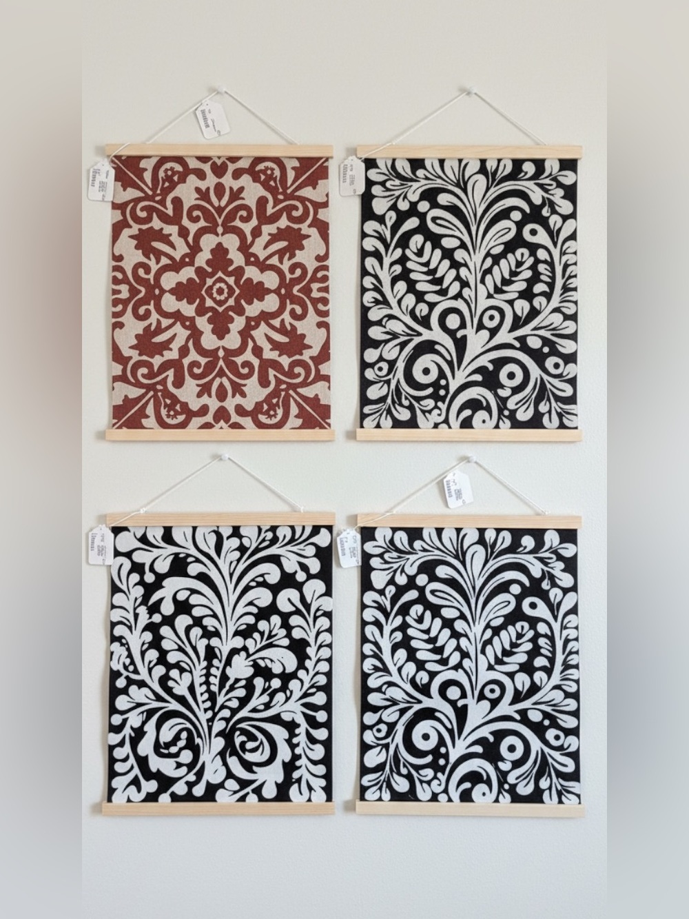 🌸4 Wall Art Canvas Fabric Panels - Black & White and Rust Patterns